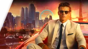Image featuring a stylish man in a white suit and sunglasses sitting in a luxury car against the backdrop of a glowing city skyline, promoting the best bonuses at 7K Casino.