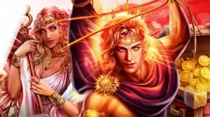 Image featuring mythological figures promoting the Blitz Spinomenal Tournament at 7K Casino, with radiant light and treasure in the background.